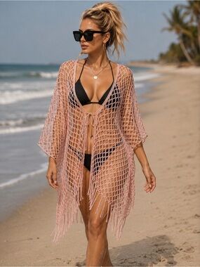 ☀️ Do everything in love Pink Crochet Swim Coverup